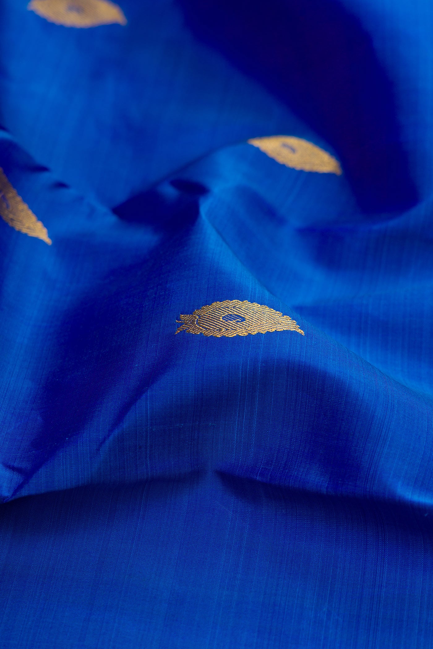 Close up of Royal Blue Kanjivaram Silk Saree with Zari Butta on the body and Zari Border.  displaying folds