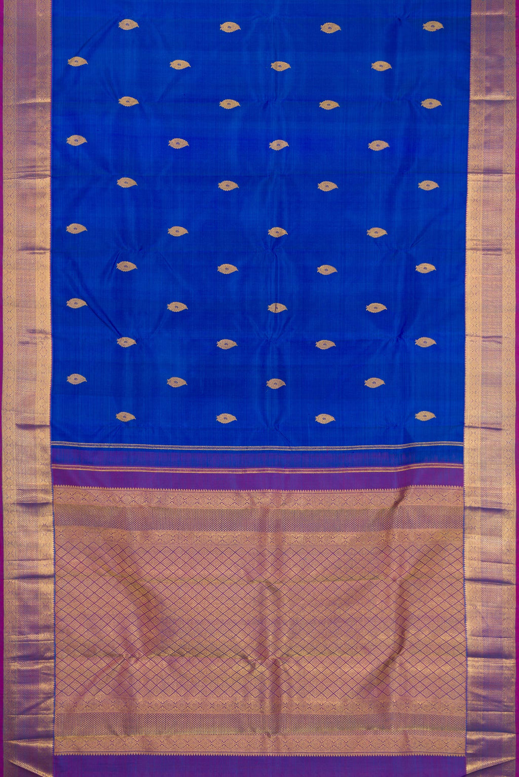 Flat view of Royal Blue Kanjivaram Silk Saree with Zari Butta on the body and Zari Border. 