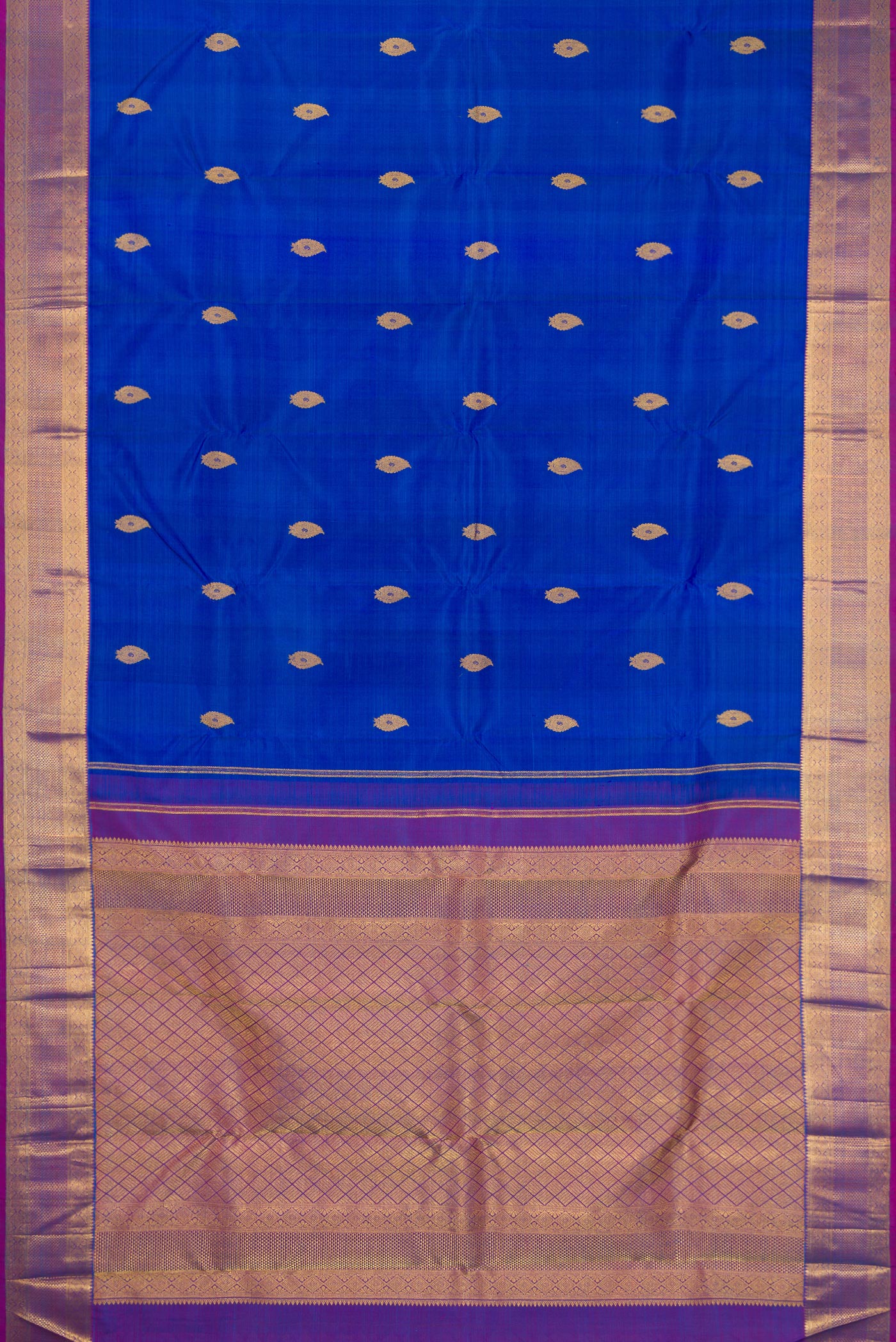 Flat view of Royal Blue Kanjivaram Silk Saree with Zari Butta on the body and Zari Border. 