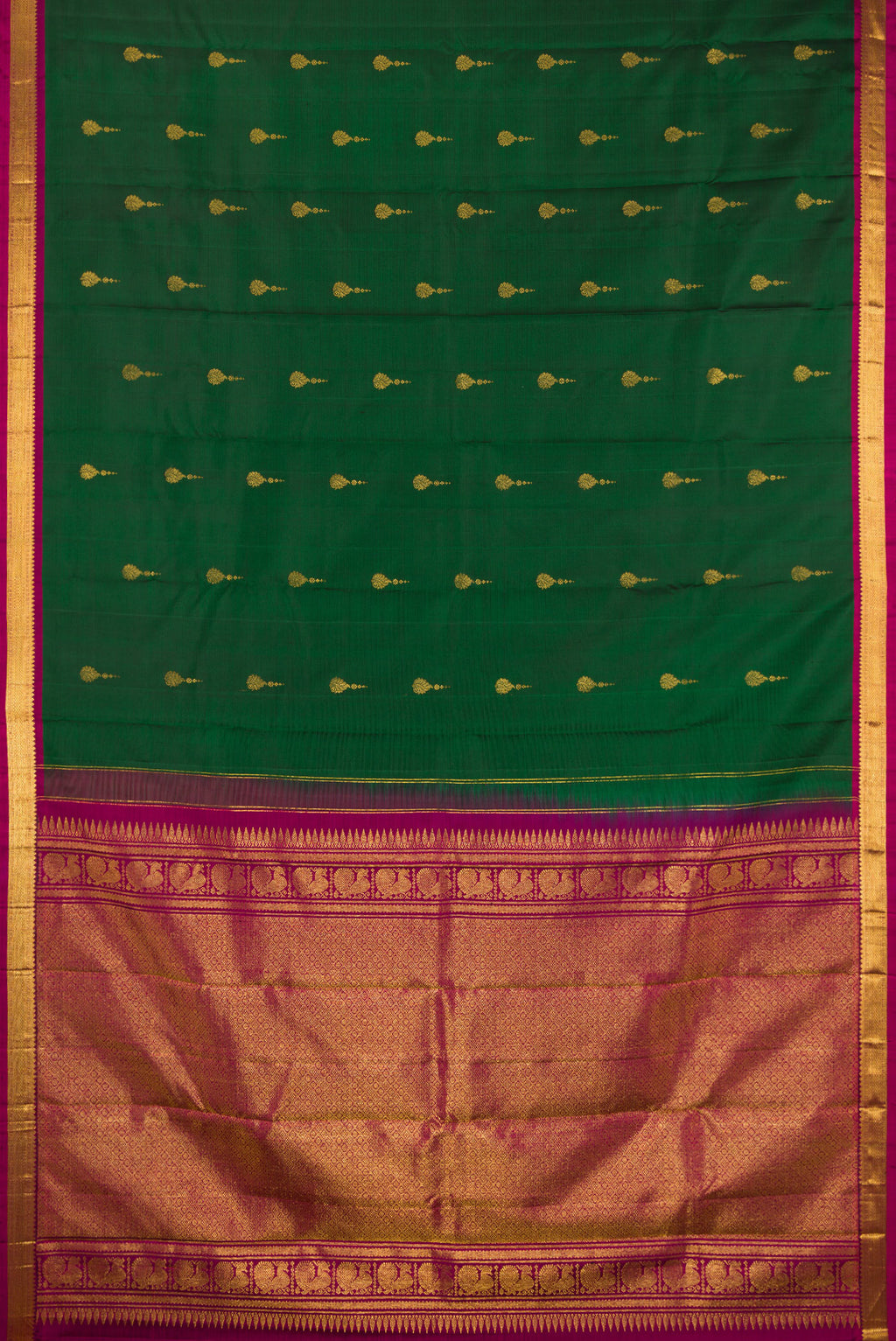 Flat view of Pure Silk Bottle Green Kanchipuram Saree with Zari Butta on the body and Zari Border. 