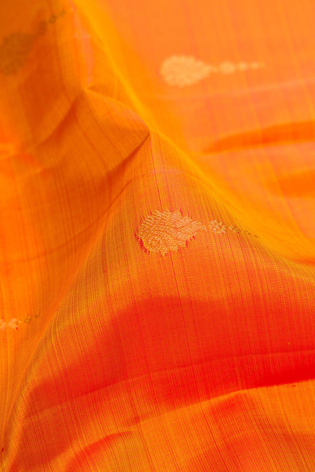 Close up of Mustard Kanchipuram Silk Saree with Zari Butta on the body and Zari Border.  displaying folds