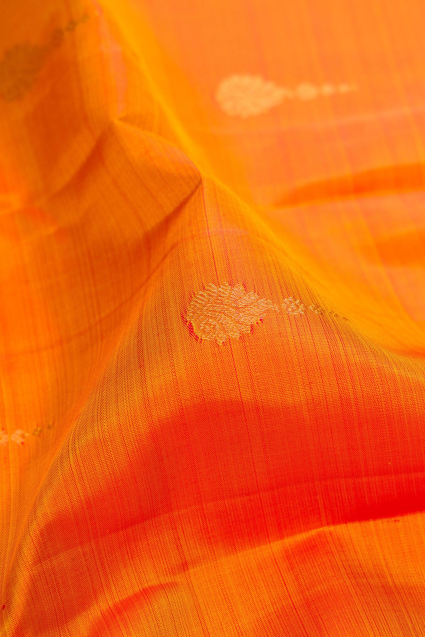 Close up of Mustard Kanchipuram Silk Saree with Zari Butta on the body and Zari Border.  displaying folds