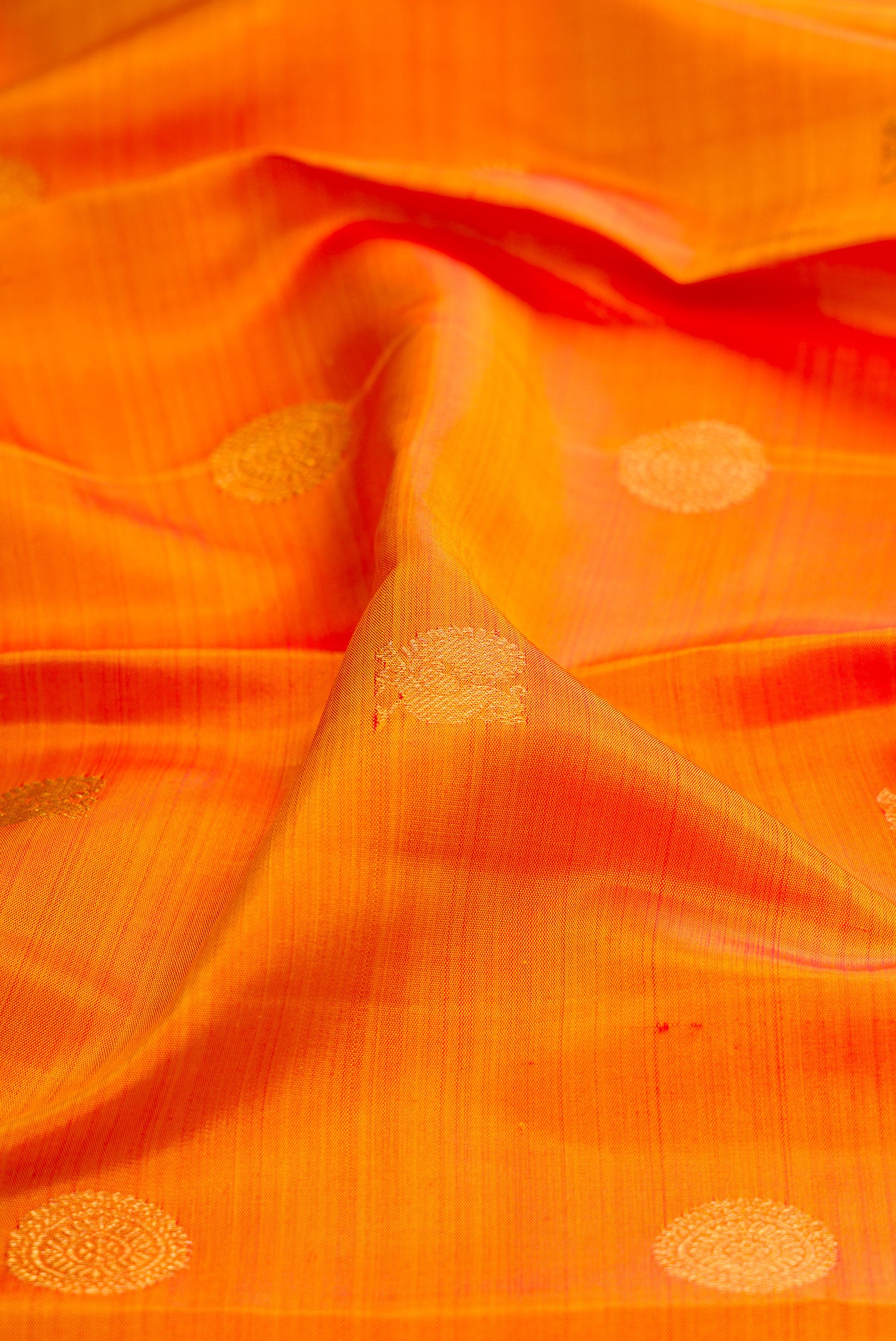 Close up of Mustard Kanjivaram Silk Saree with Zari Butta on the body and Zari Border.  displaying folds