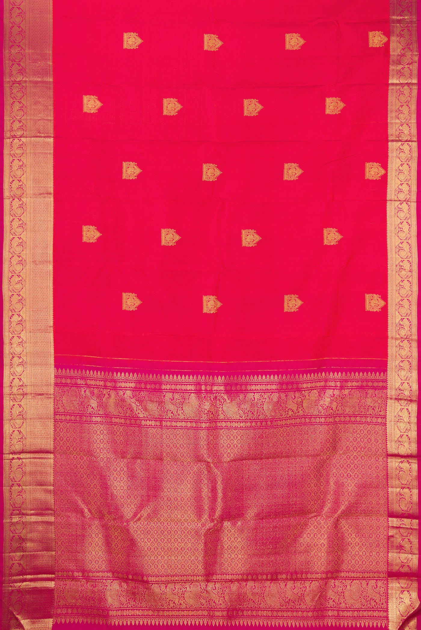 Flat view of Dark Pink Dual Tone Kanjivaram Silk Saree with Zari Butta on the body and Zari Border. 