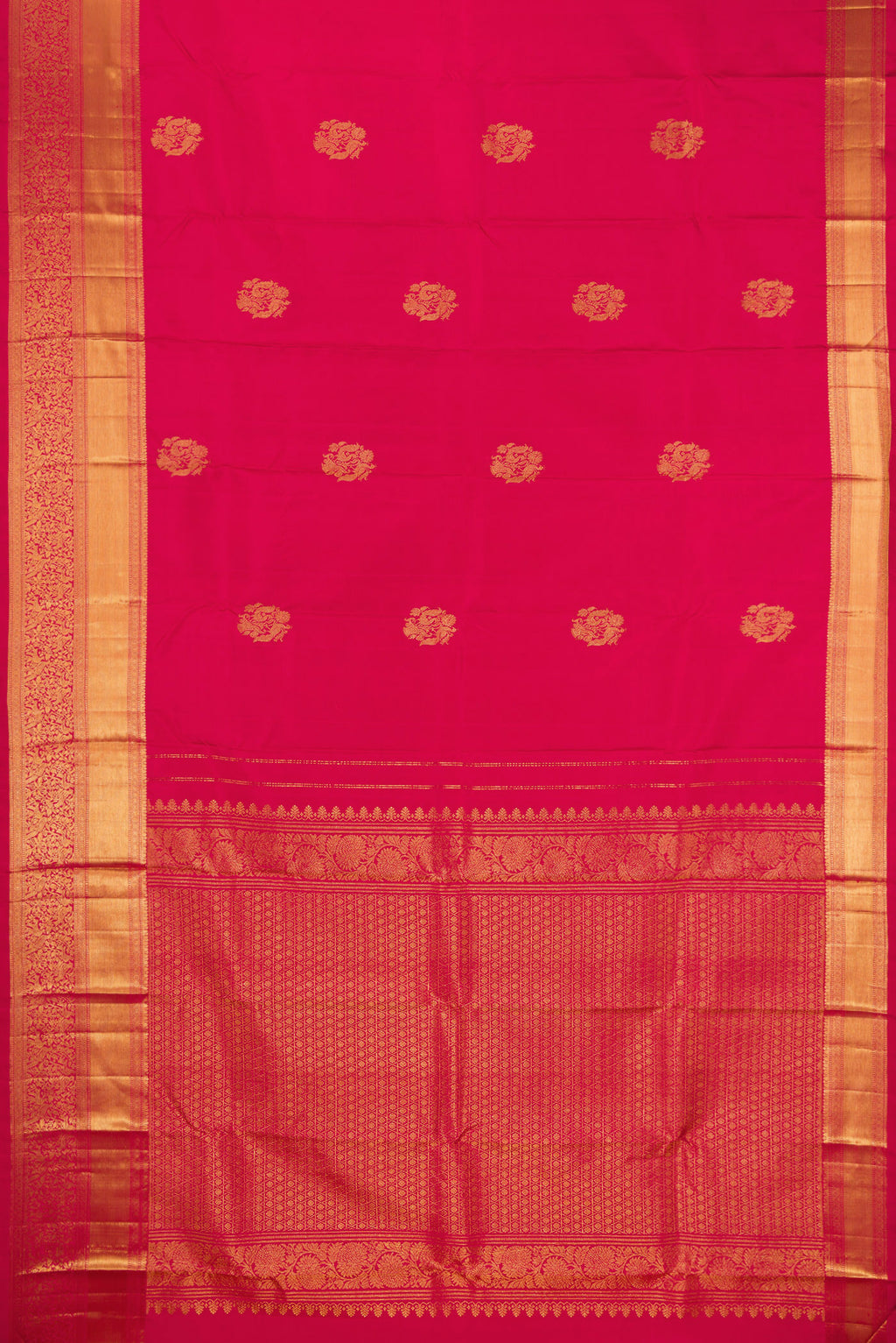 Flat view of Dark Pink Kanjivaram Silk Saree with Zari Butta on the body and Fancy Border. 