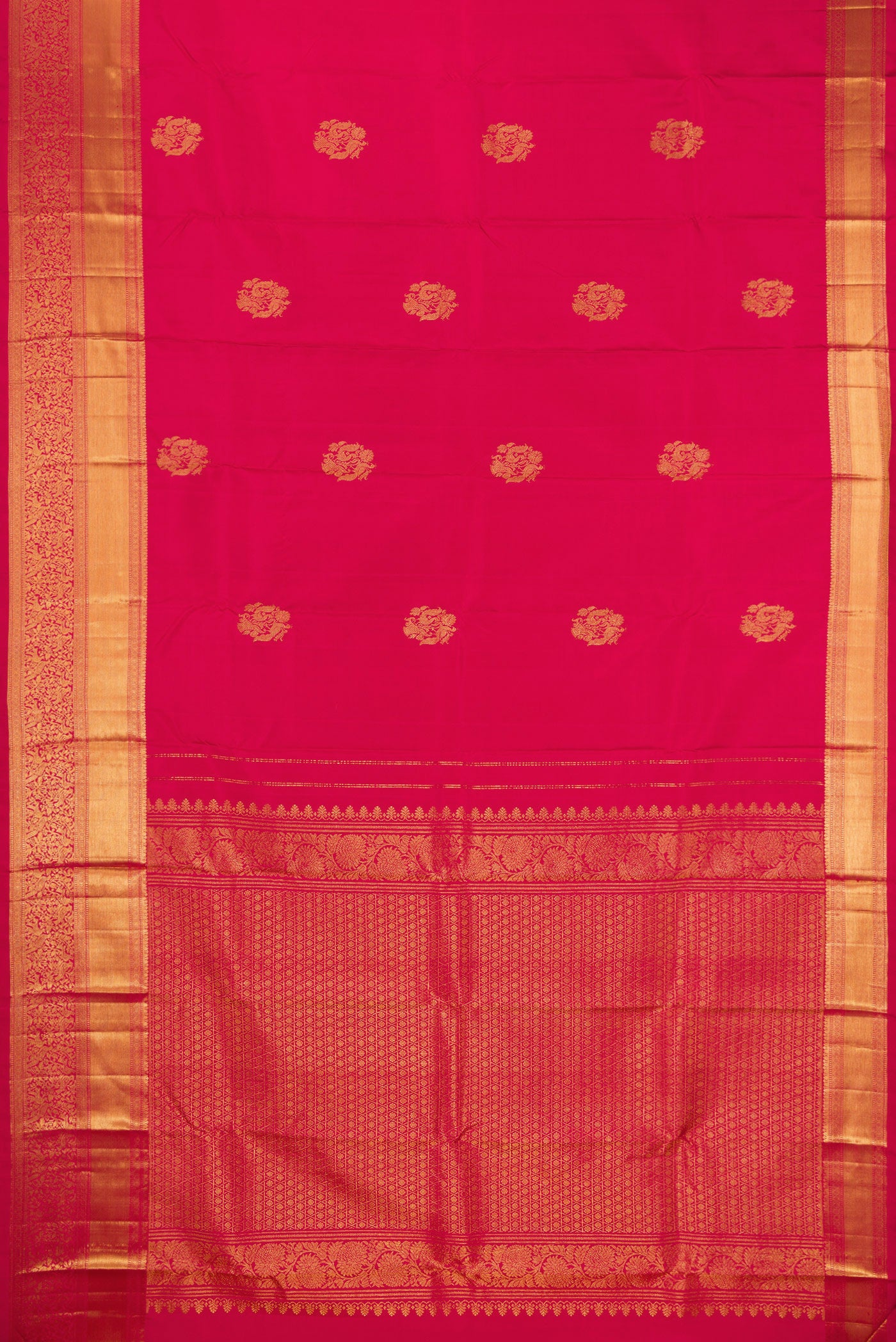Flat view of Dark Pink Kanjivaram Silk Saree with Zari Butta on the body and Fancy Border. 
