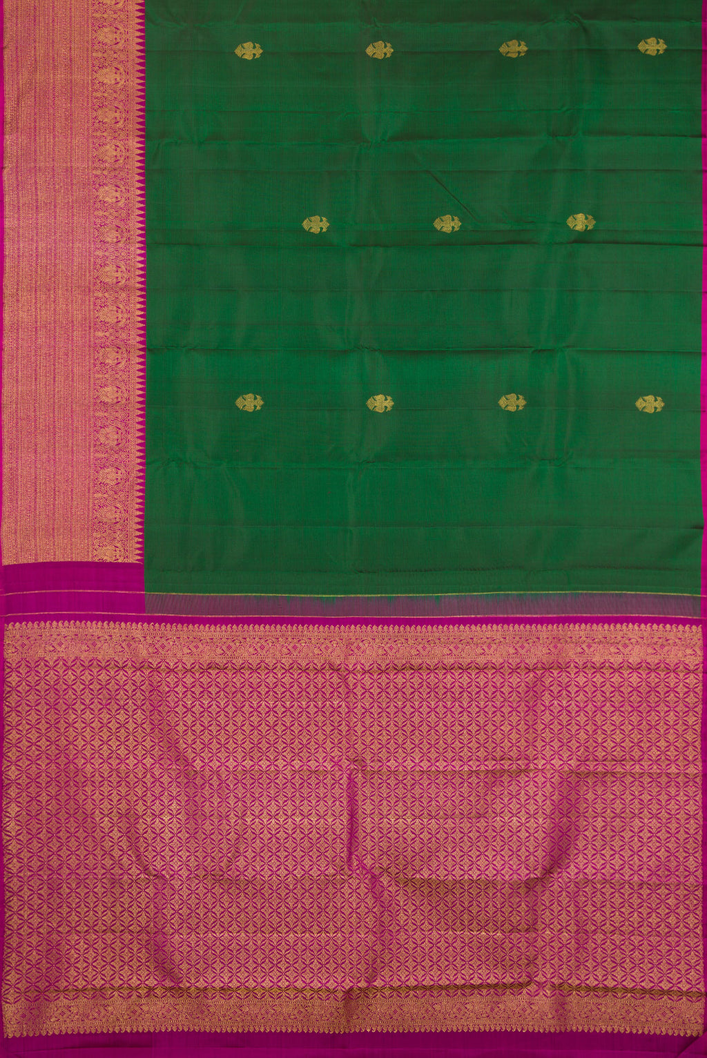 Flat view of Bottle Green Kanjivaram Silk Saree with Zari Butta on the body and Fancy Border. 