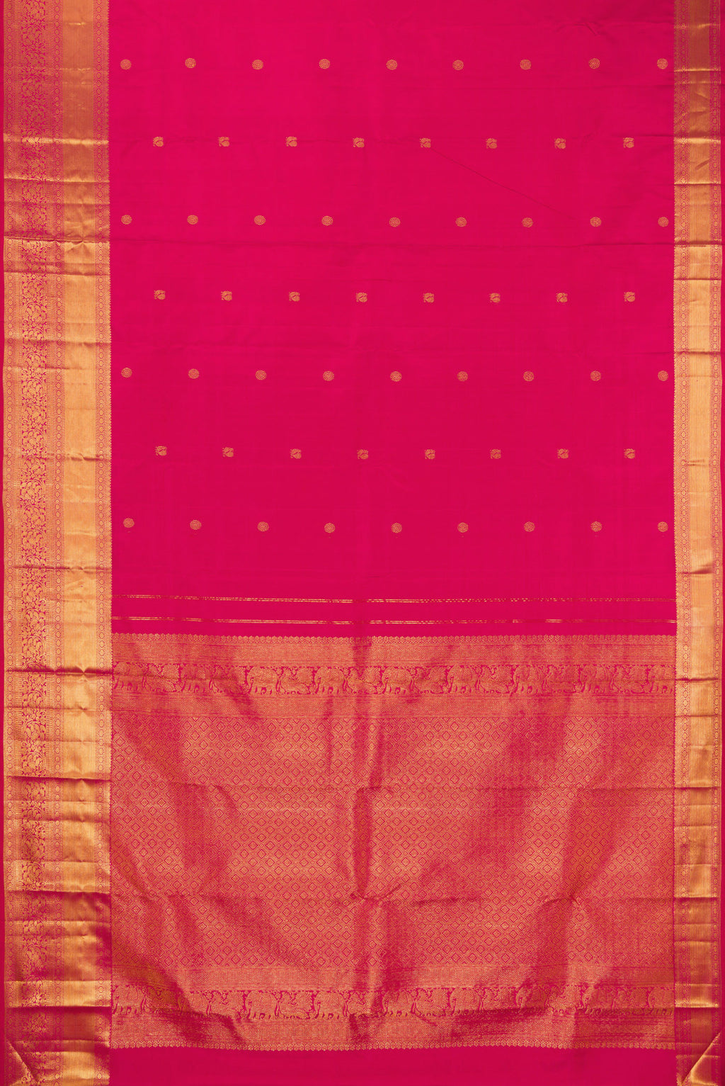 Flat view of Dark Pink Kanjivaram Silk Saree with Zari Butta on the body and Zari Border. 