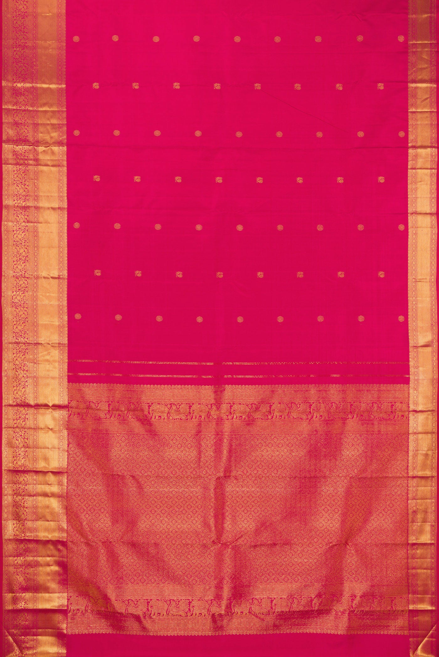 Flat view of Dark Pink Kanjivaram Silk Saree with Zari Butta on the body and Zari Border. 