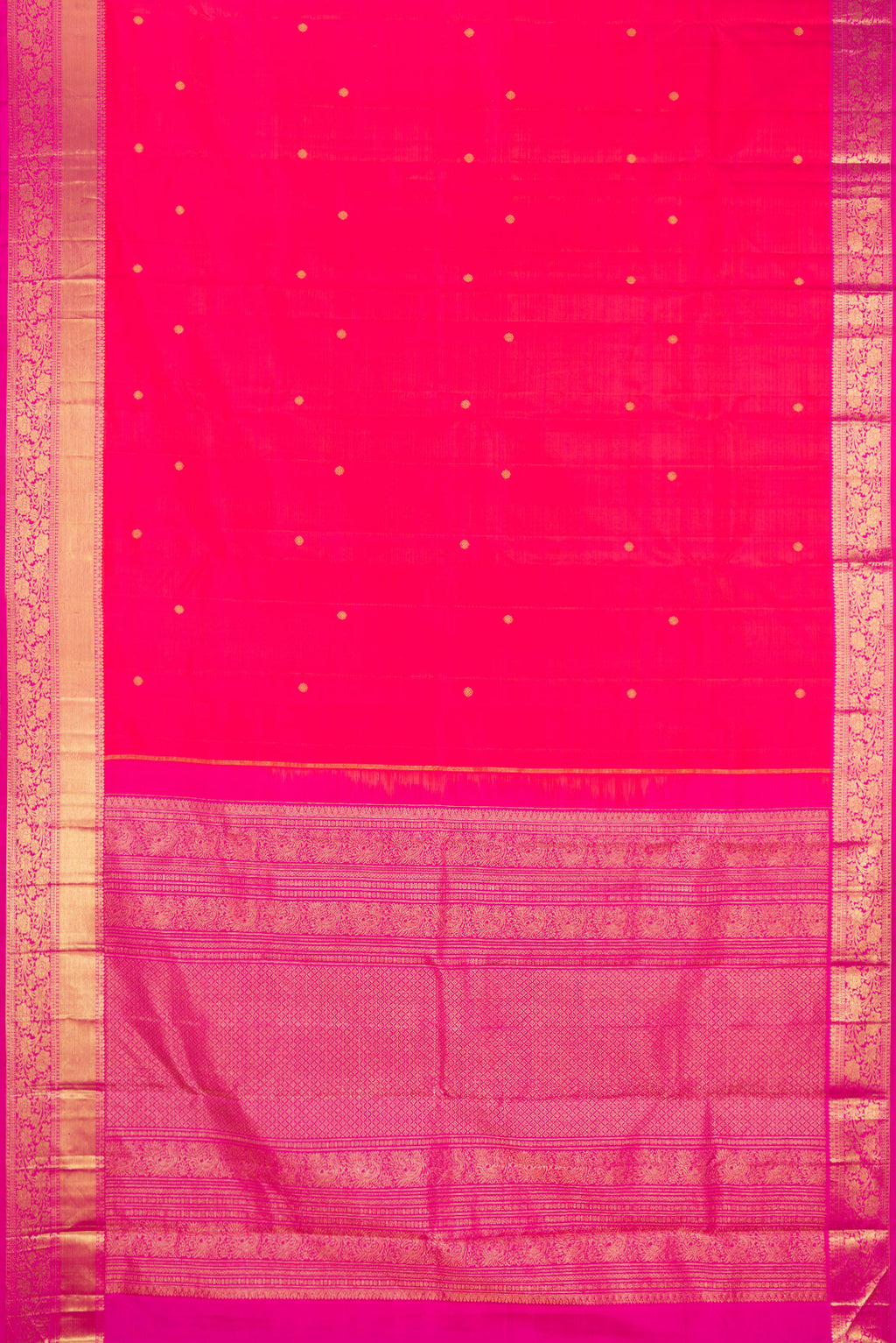 Flat view of Pink Kanjivaram Silk Saree with Zari Butta on the body and Zari Border. 