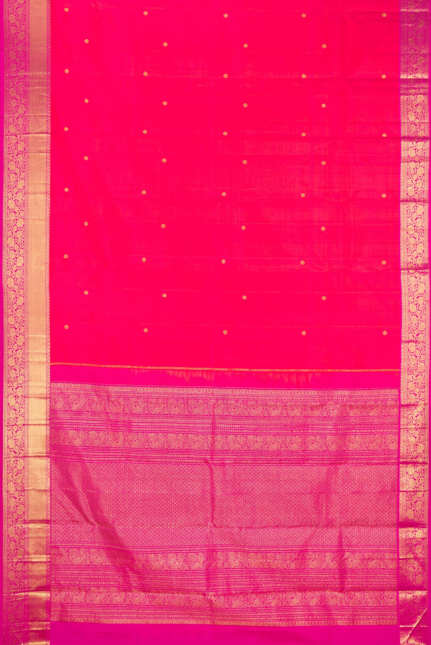 Flat view of Pink Kanjivaram Silk Saree with Zari Butta on the body and Zari Border. 