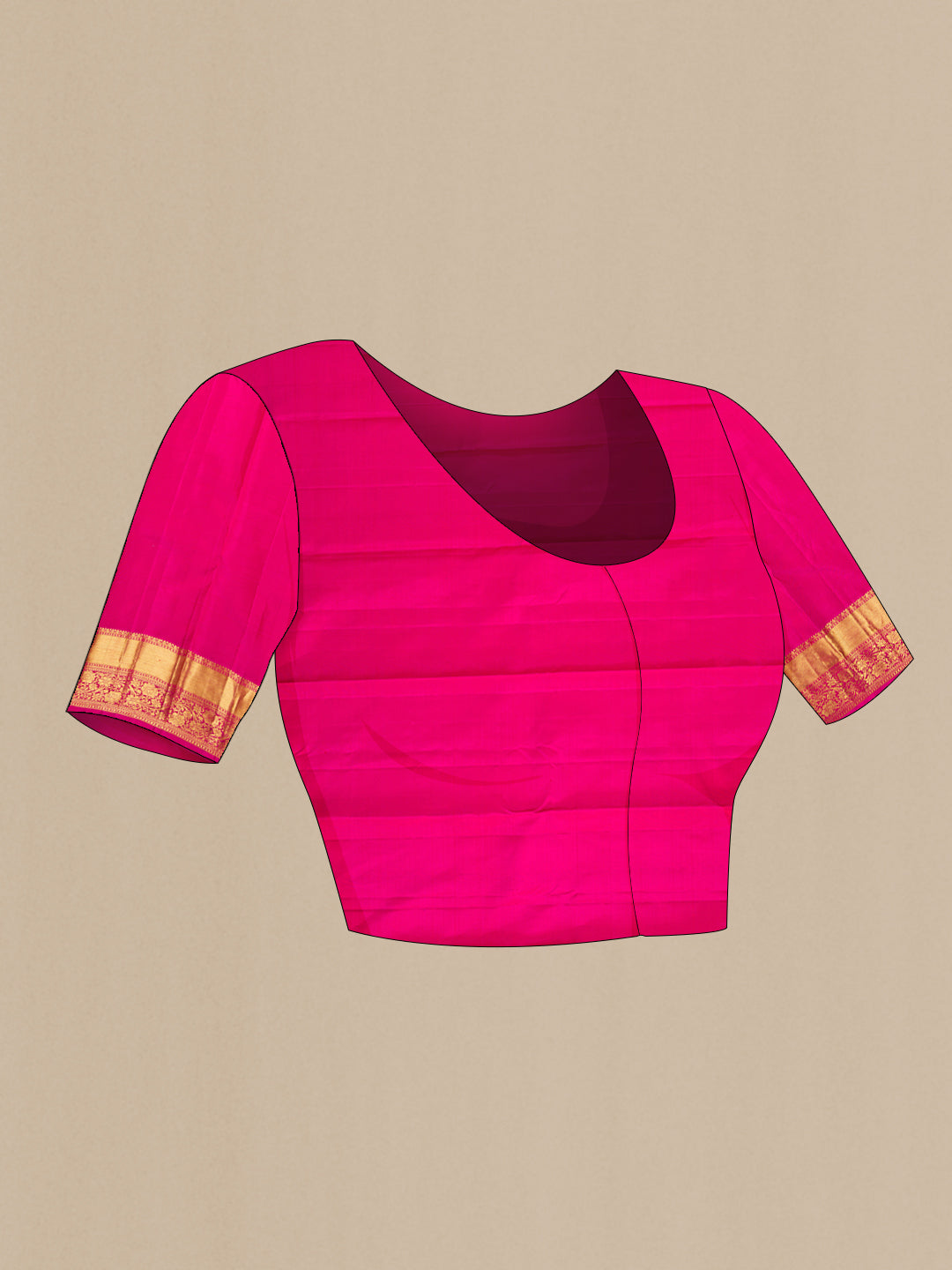Close up image of the blouse of Mustard Kanjivaram Silk Saree with Zari Butta on the body and Zari Border. 