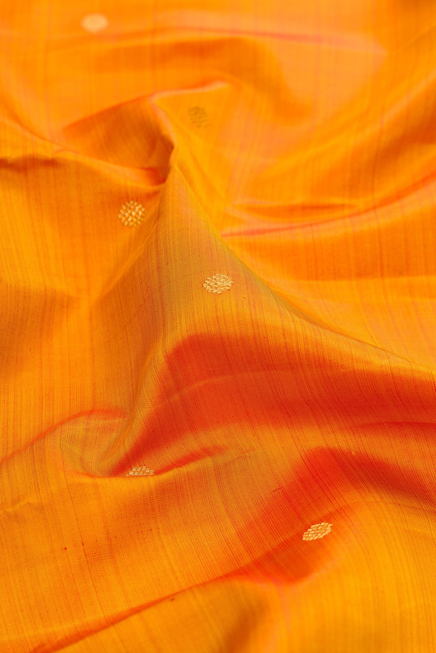 Close up of Mustard Kanjivaram Silk Saree with Zari Butta on the body and Zari Border.  displaying folds