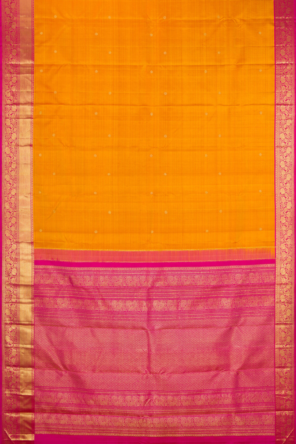 Flat view of Mustard Kanjivaram Silk Saree with Zari Butta on the body and Zari Border. 