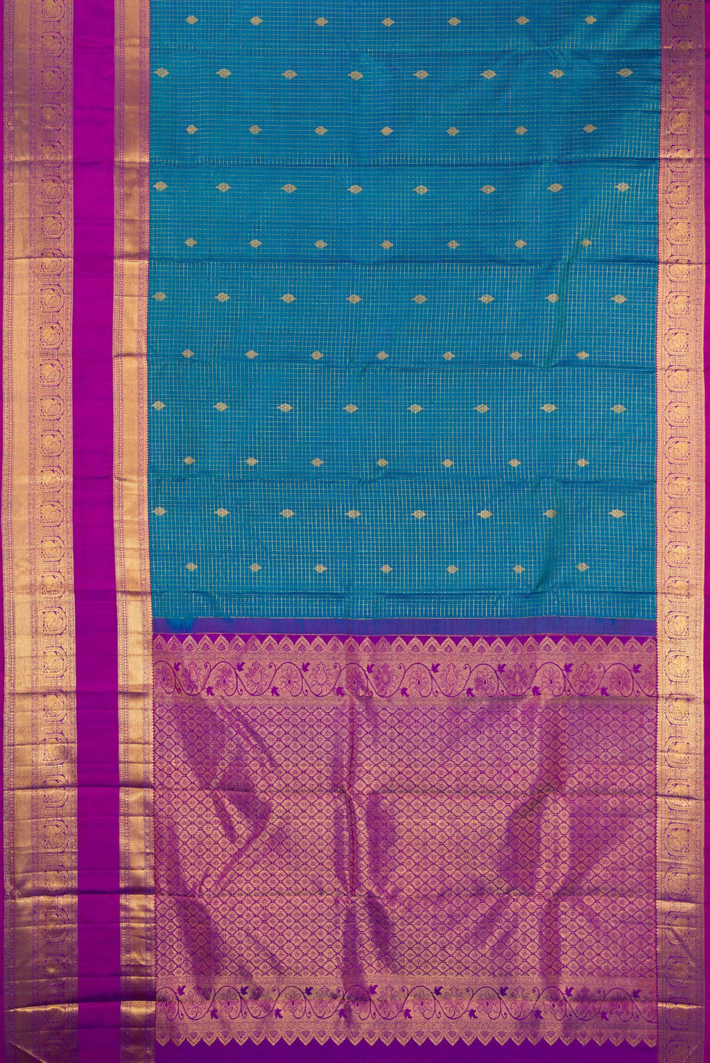 Flat view of Peacock Blue Dual Tone Kanjivaram Silk Saree with Checked design on the body and Fancy Border. 