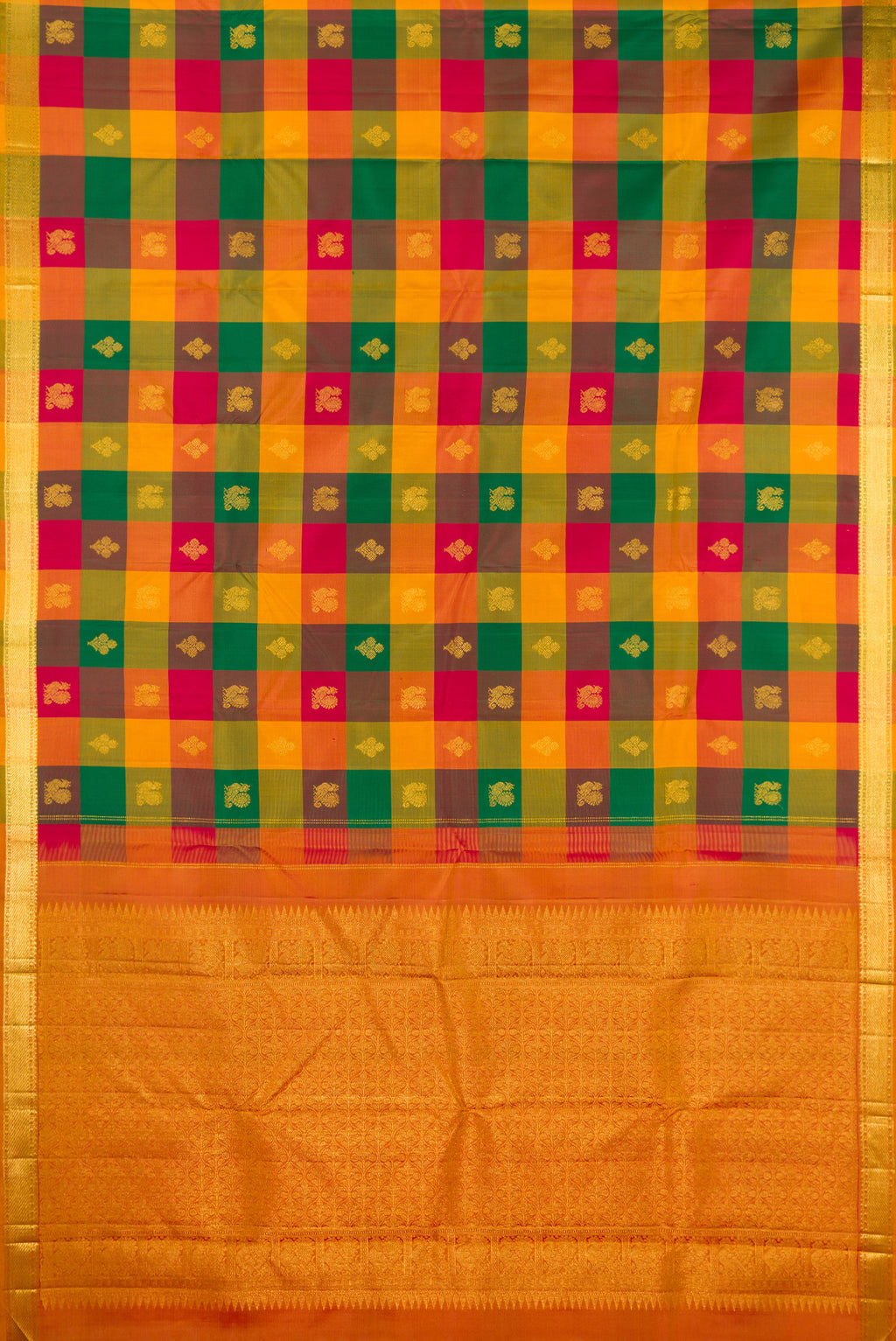 Flat view of Multi Color Kanchipuram Silk Saree with Checked design on the body and Zari Border. 