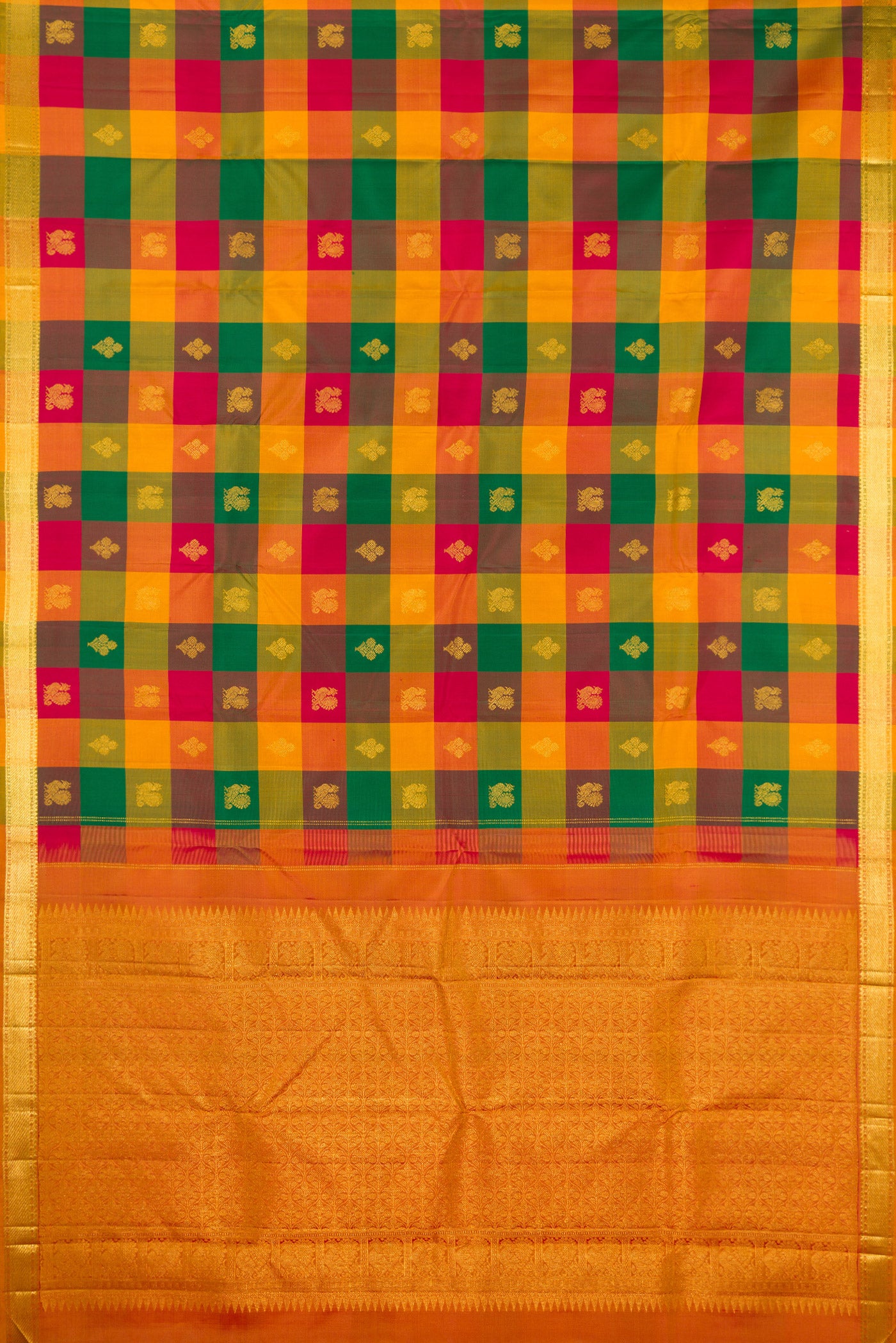 Flat view of Multi Color Kanchipuram Silk Saree with Checked design on the body and Zari Border. 