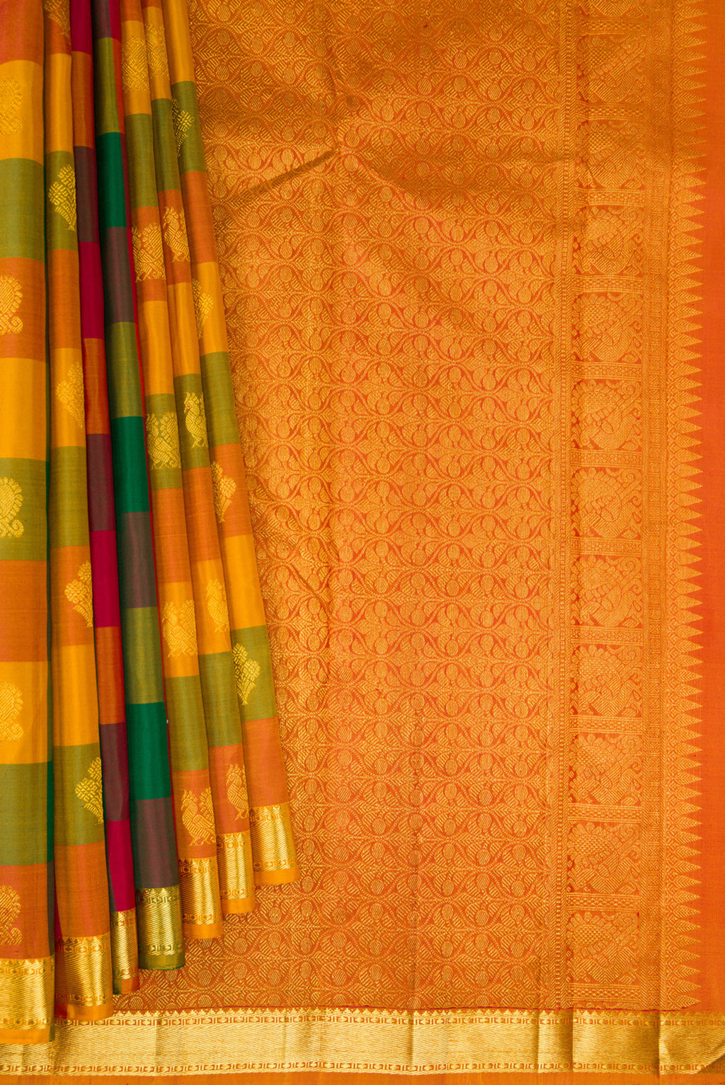 Pleats and pallu of Multi Color Kanchipuram Silk Saree with Checked design on the body and Zari Border. 