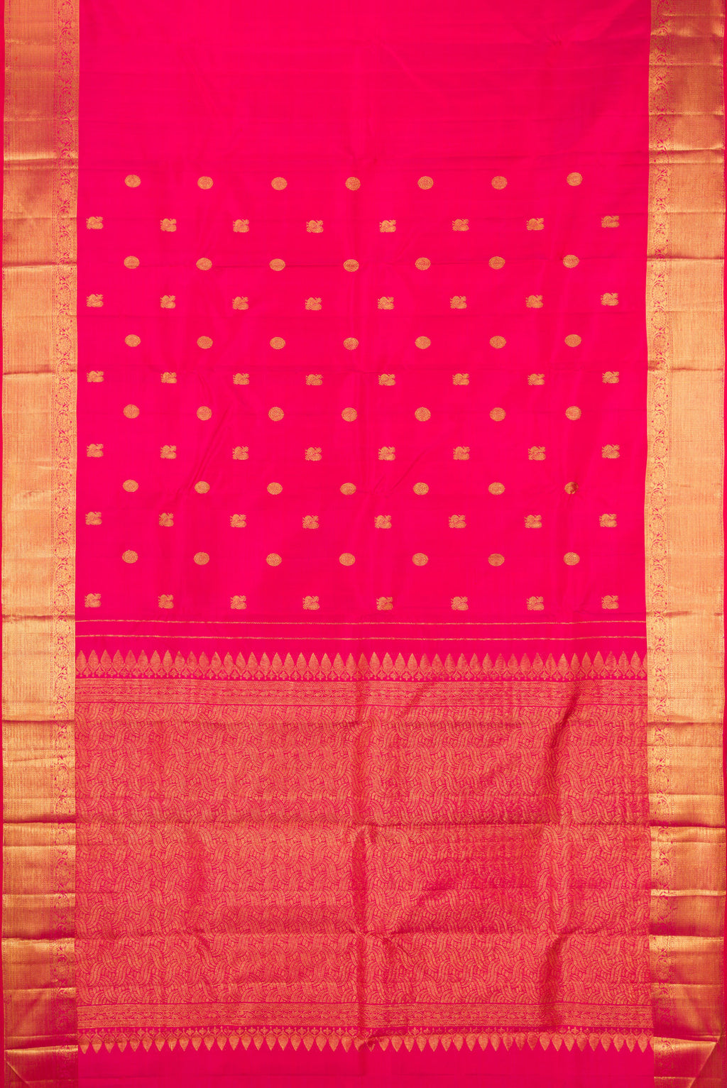 Flat view of Dark Pink Kanjivaram Silk Saree with Zari Butta on the body and Zari Border. 