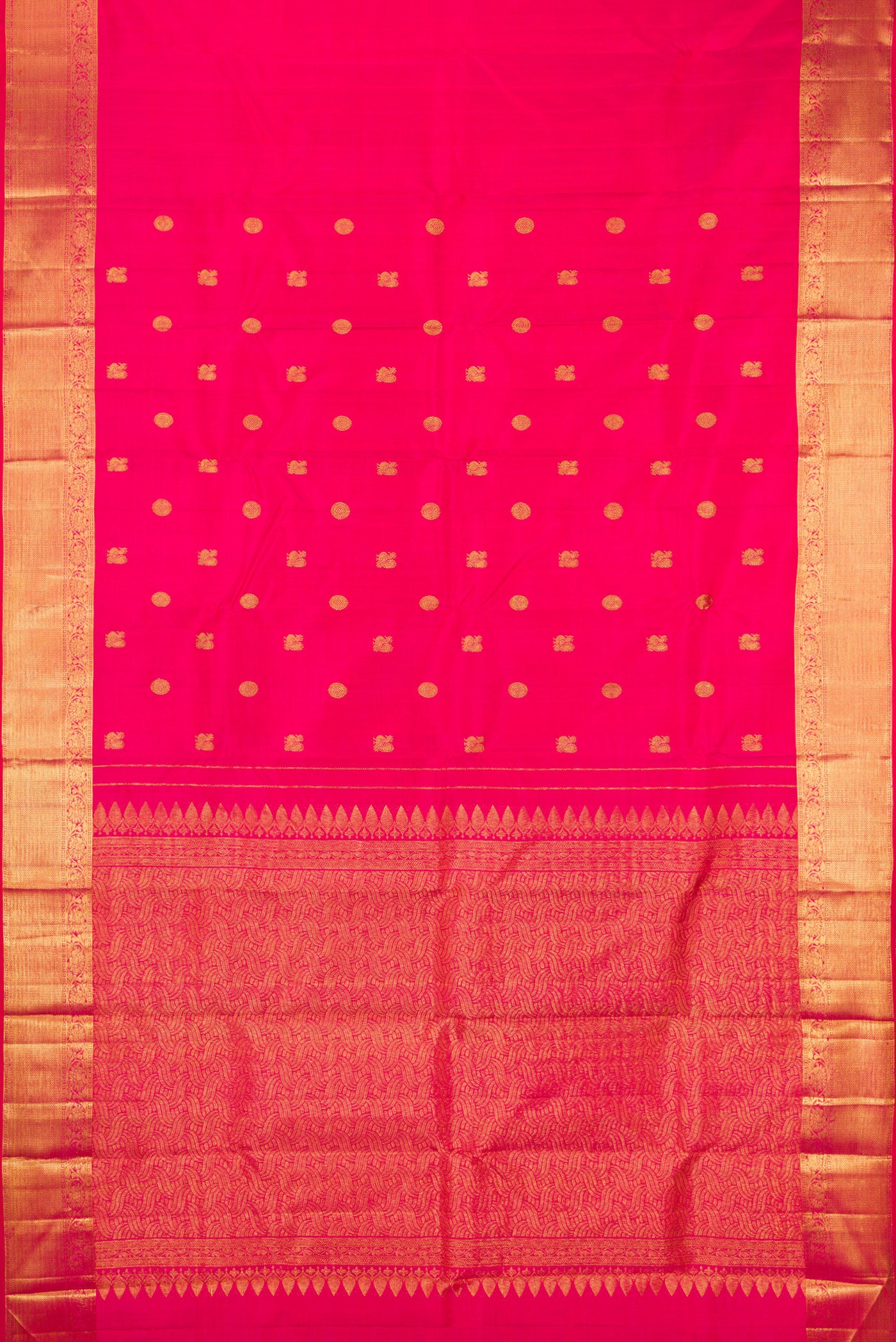 Flat view of Dark Pink Kanjivaram Silk Saree with Zari Butta on the body and Zari Border. 