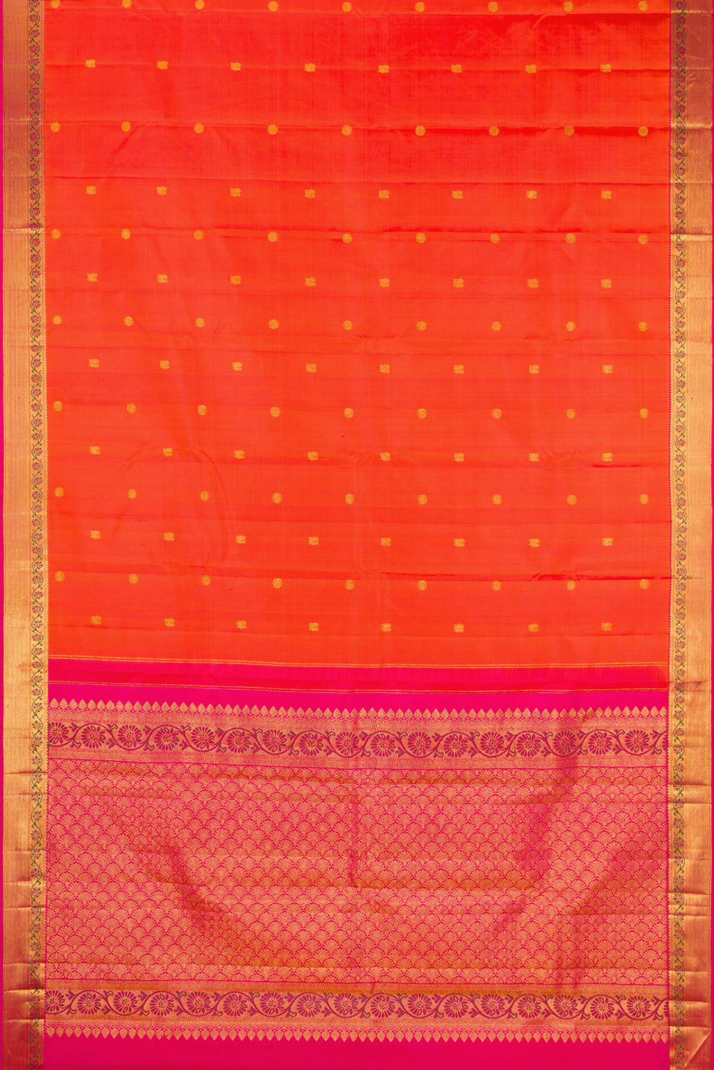 Flat view of Orange Kanjivaram Silk Saree with Zari Butta on the body and Zari And Thread Border. 