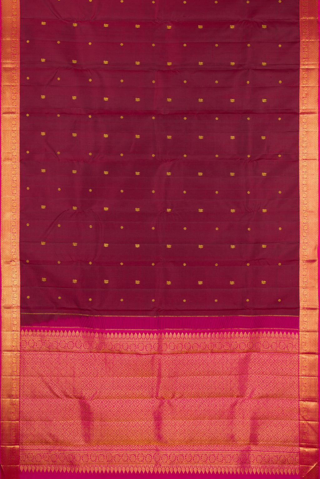 Flat view of Maroon Kanjivaram Silk Saree with Zari Butta on the body and Zari Border. 