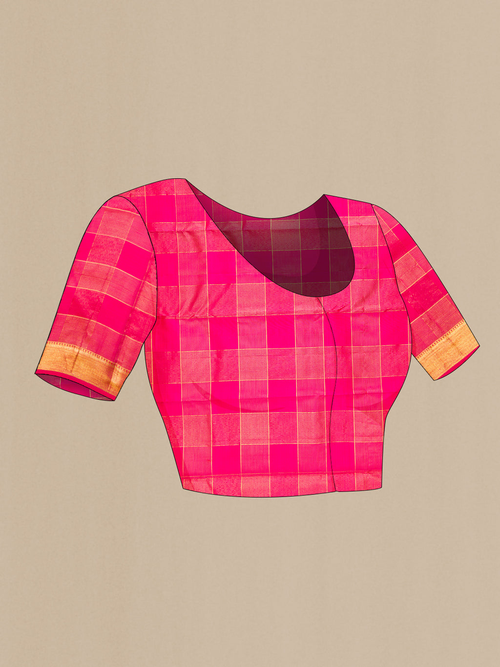 Close up image of the blouse of Pink Kanjivaram Silk Saree with Checked design on the body and Zari Border. 