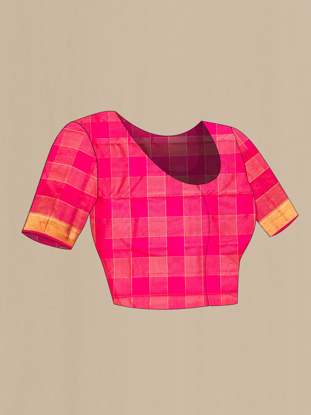 Close up image of the blouse of Pink Kanjivaram Silk Saree with Checked design on the body and Zari Border. 