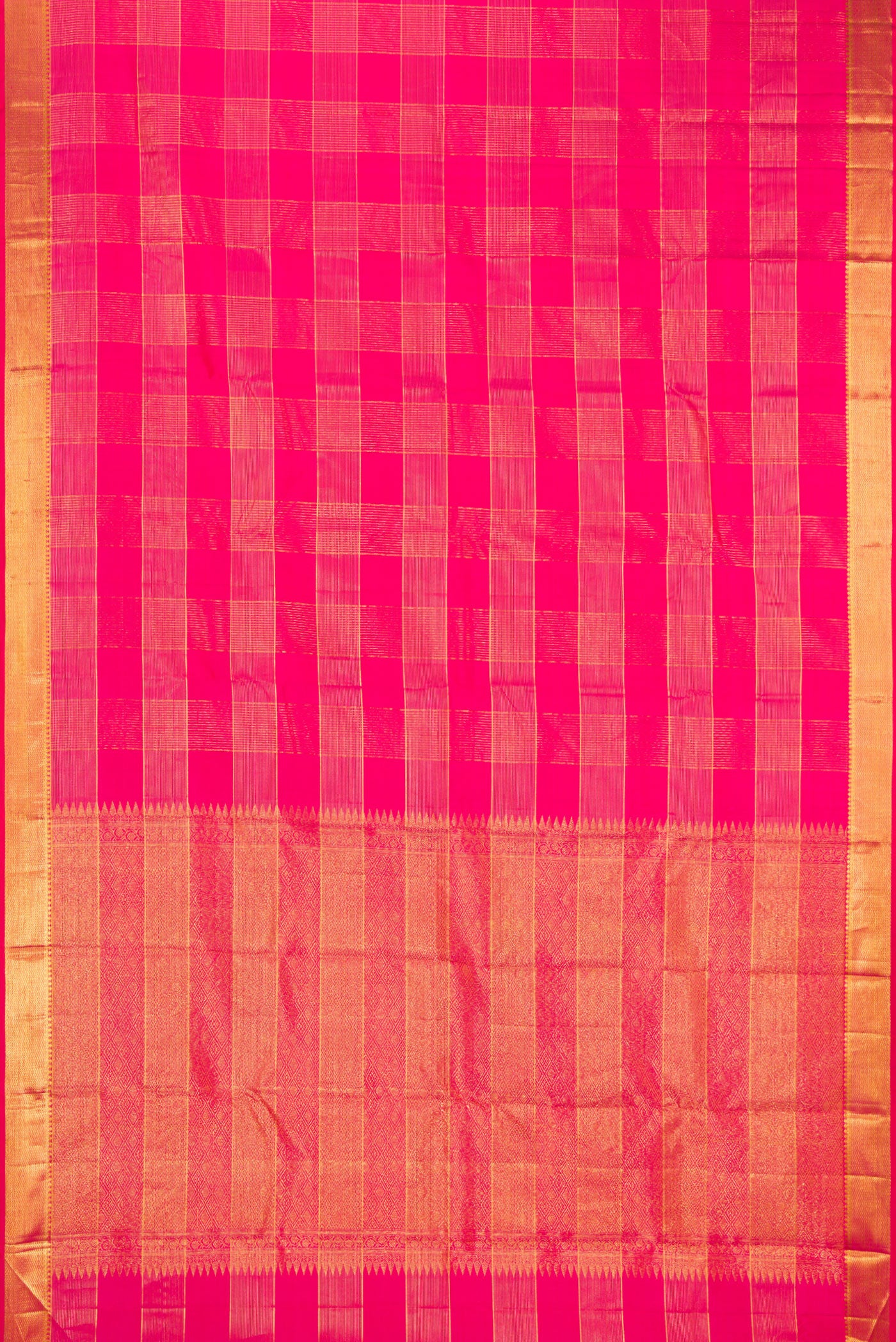 Flat view of Pink Kanjivaram Silk Saree with Checked design on the body and Zari Border. 