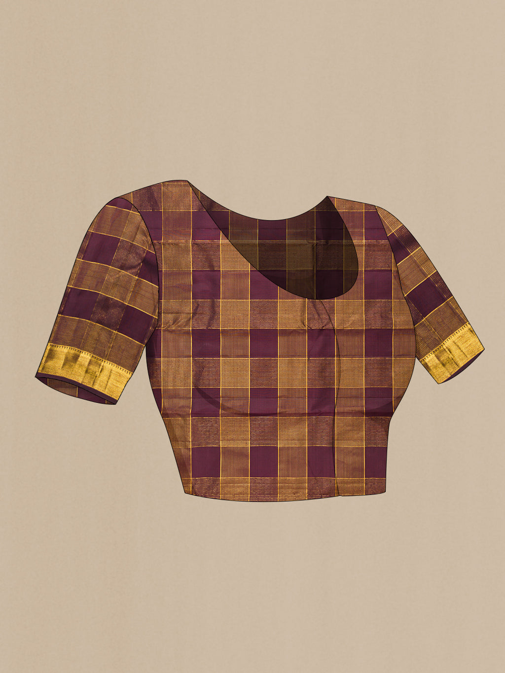 Close up image of the blouse of Burgundy Kanjivaram Silk Saree with Checked design on the body and Zari Border. 