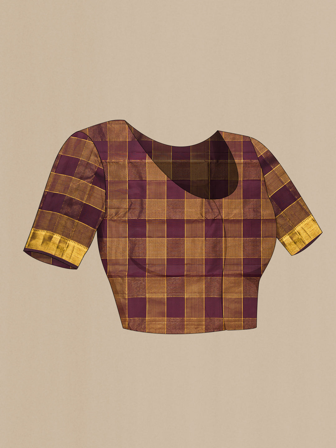 Close up image of the blouse of Burgundy Kanjivaram Silk Saree with Checked design on the body and Zari Border. 