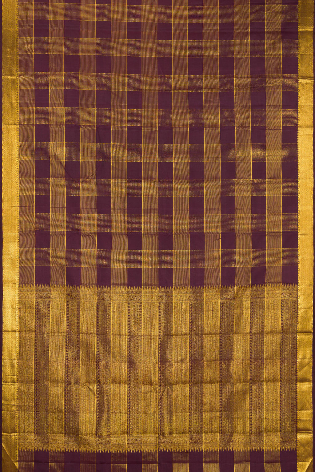 Flat view of Burgundy Kanjivaram Silk Saree with Checked design on the body and Zari Border. 