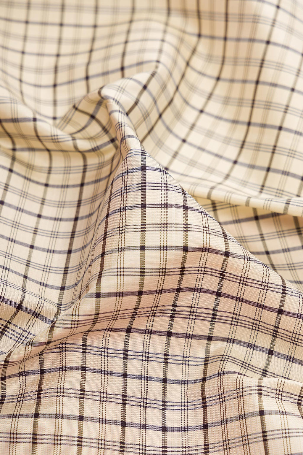 Close up of Beige Kanjivaram Silk Saree with Checked design on the body and Zari Border.  displaying folds