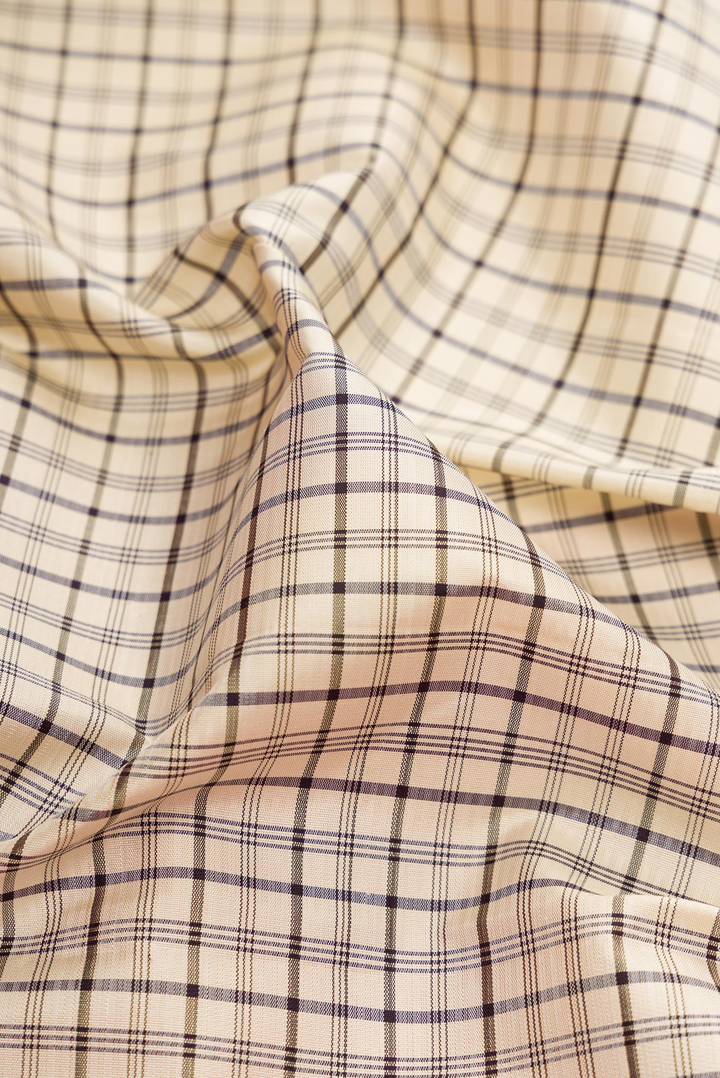 Close up of Beige Kanjivaram Silk Saree with Checked design on the body and Zari Border.  displaying folds