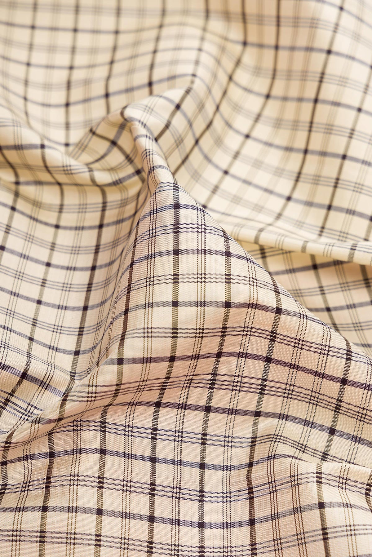 Close up of Beige Kanjivaram Silk Saree with Checked design on the body and Zari Border.  displaying folds