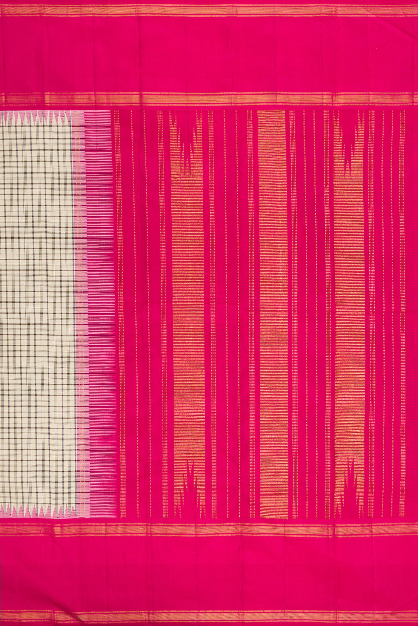 Close up image of the pallu of Beige Kanjivaram Silk Saree with Checked design on the body and Zari Border. 