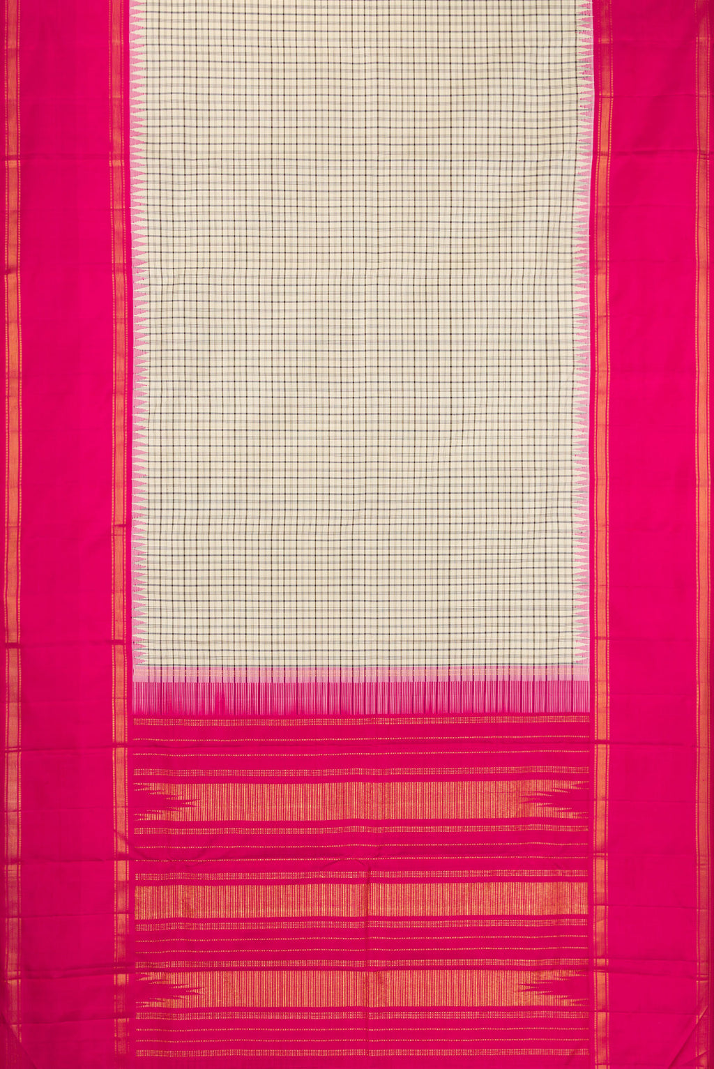 Flat view of Beige Kanjivaram Silk Saree with Checked design on the body and Zari Border. 