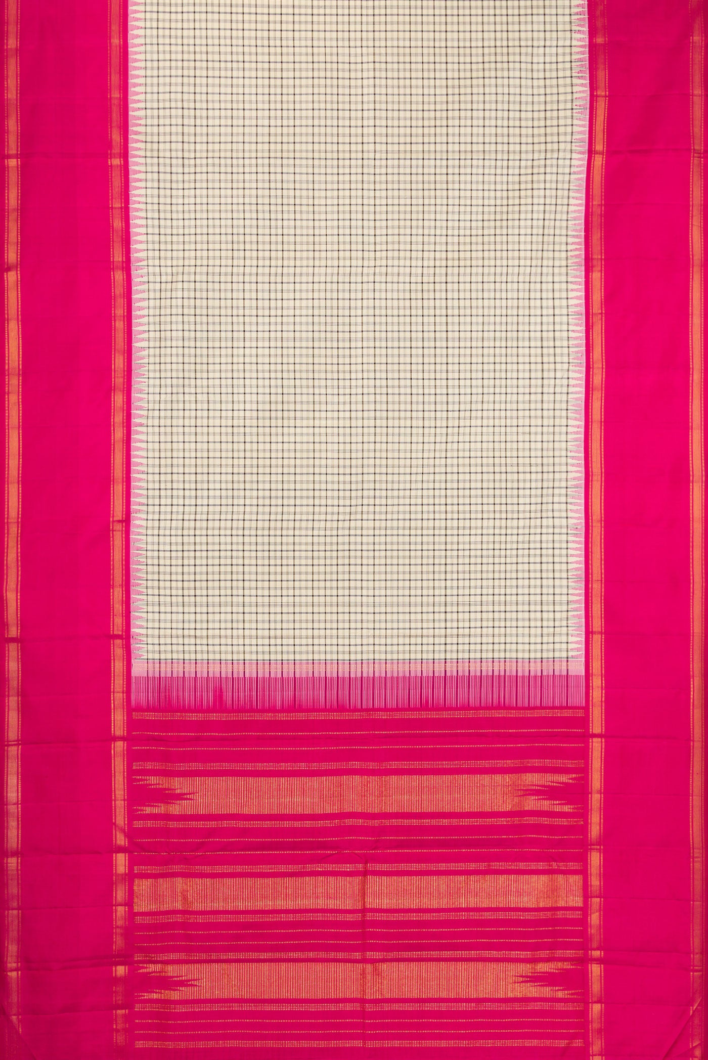 Flat view of Beige Kanjivaram Silk Saree with Checked design on the body and Zari Border. 
