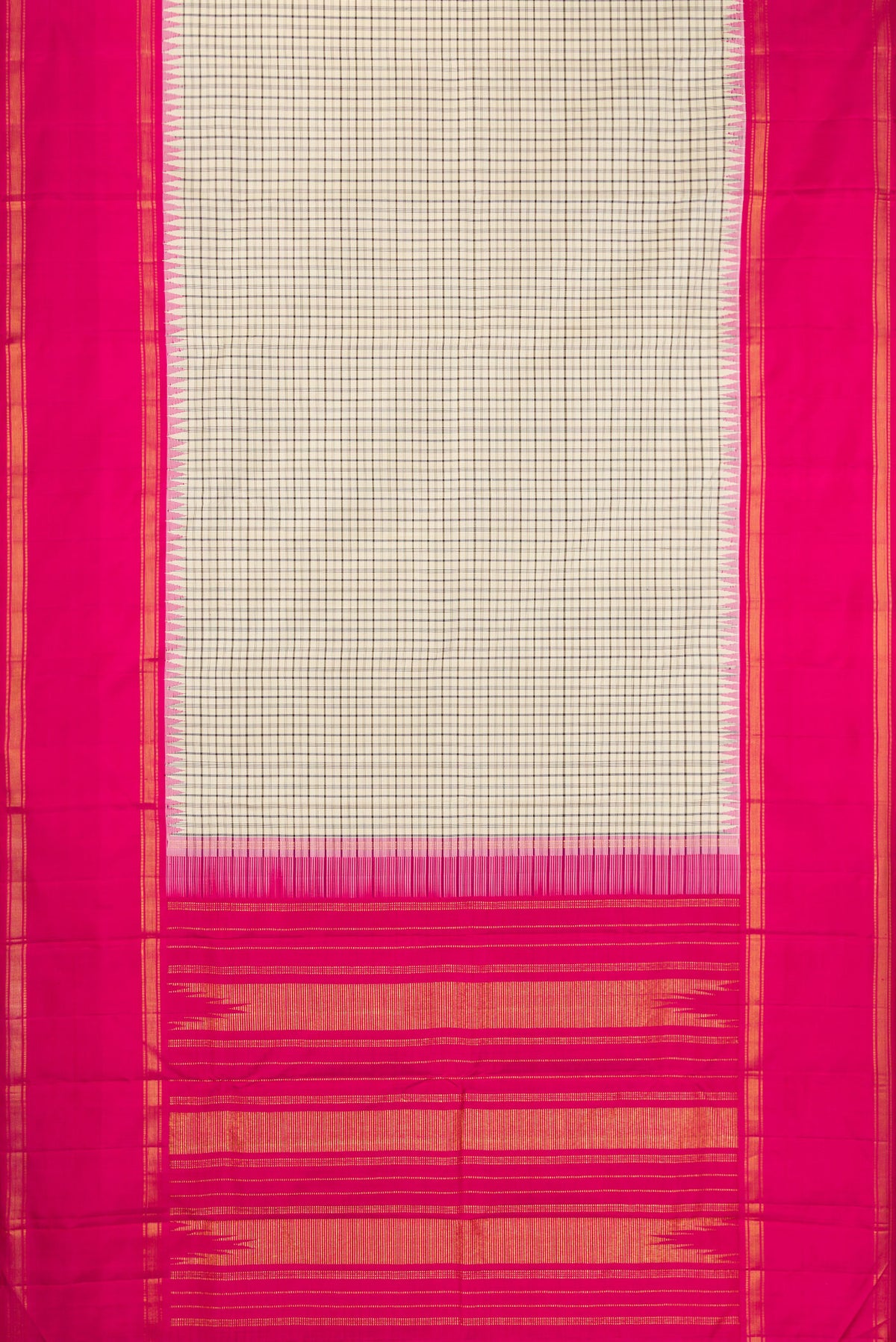 Flat view of Beige Kanjivaram Silk Saree with Checked design on the body and Zari Border. 