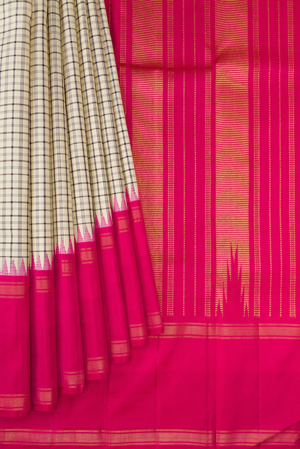 Pleats and pallu of Beige Kanjivaram Silk Saree with Checked design on the body and Zari Border. 