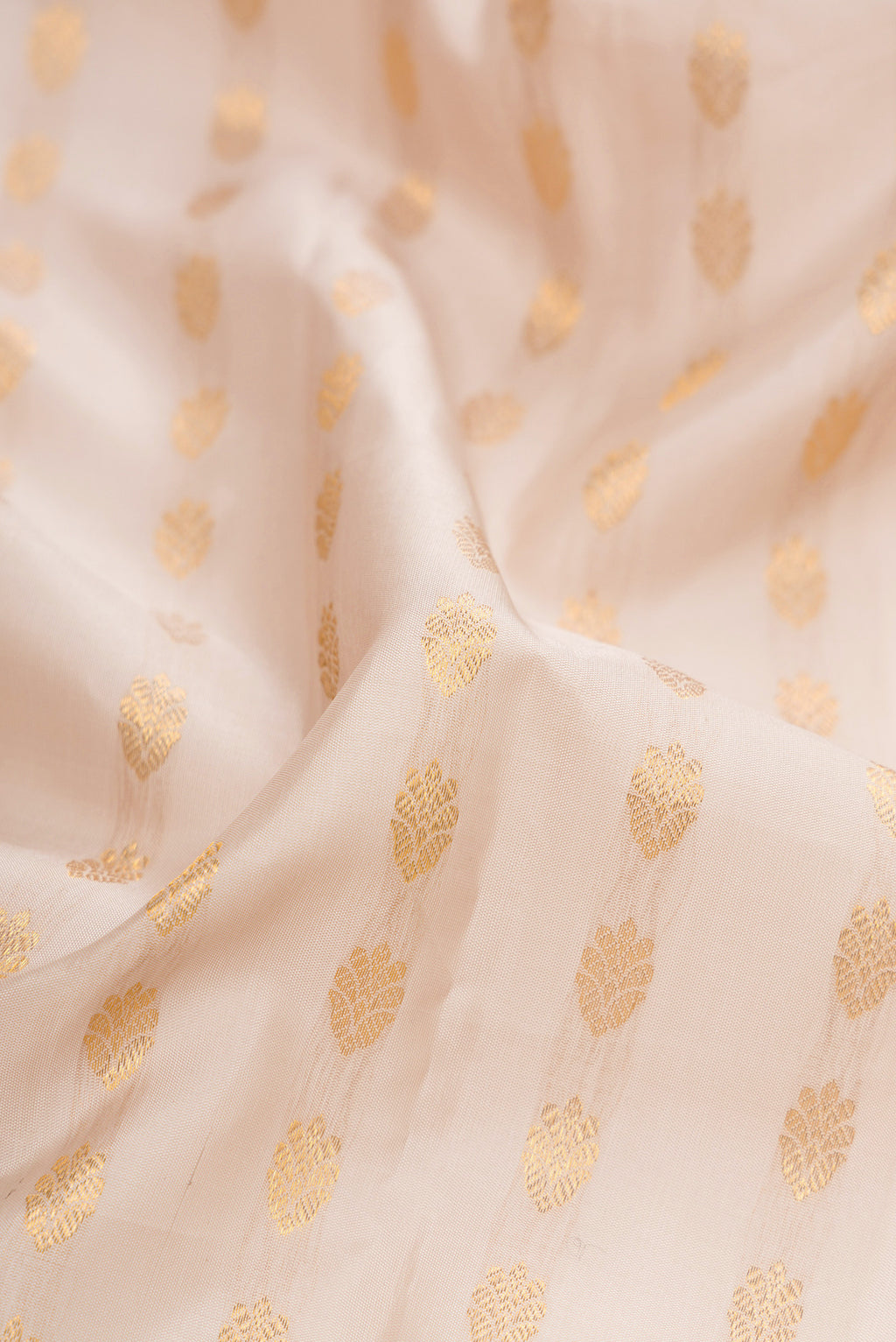 Close up of Dark Beige Kanjivaram Silk Saree with Zari Butta on the body and Zari And Thread Border.  displaying folds