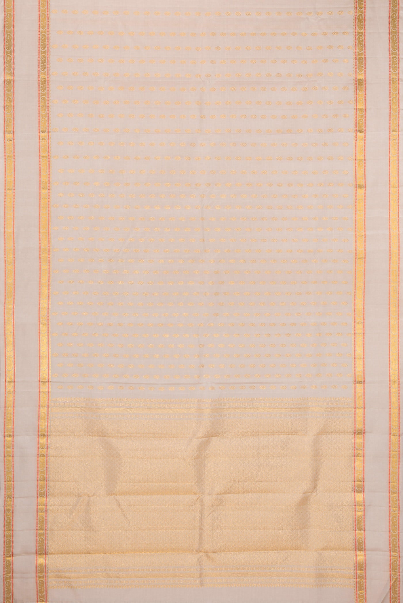 Flat view of Dark Beige Kanjivaram Silk Saree with Zari Butta on the body and Zari And Thread Border. 