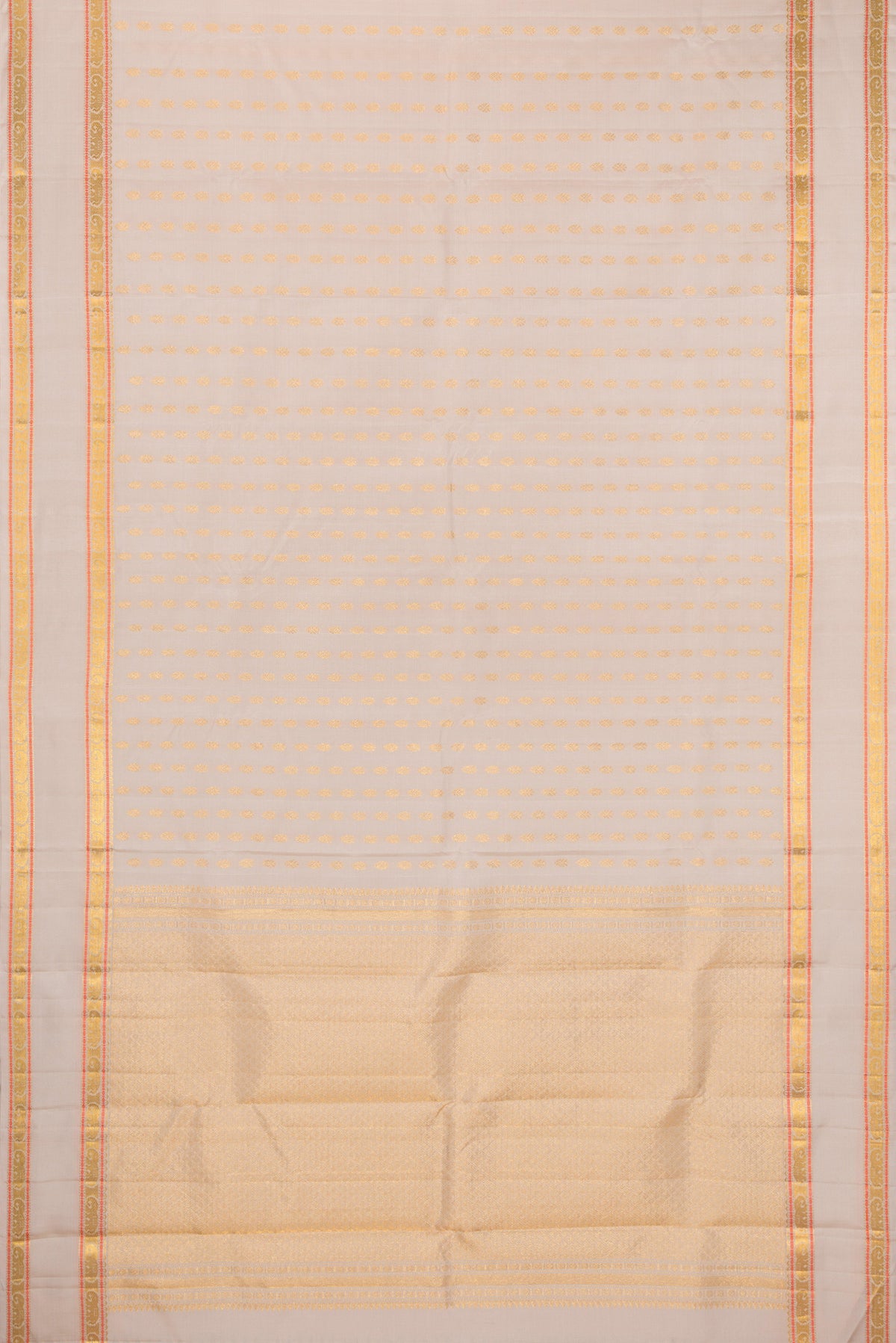 Flat view of Dark Beige Kanjivaram Silk Saree with Zari Butta on the body and Zari And Thread Border. 