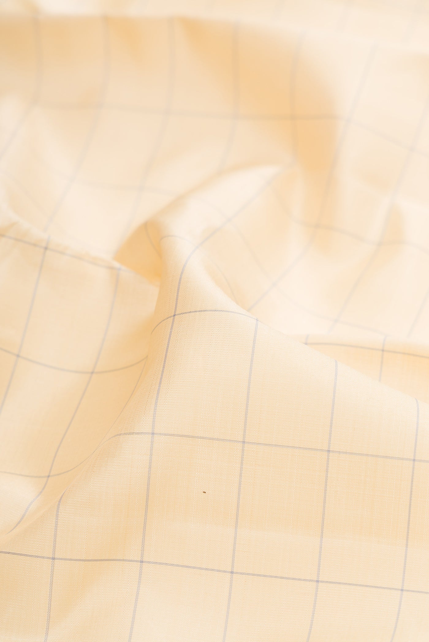 Close up of Sandal Kanjivaram Silk Saree with Checked design on the body and Zari Border.  displaying folds
