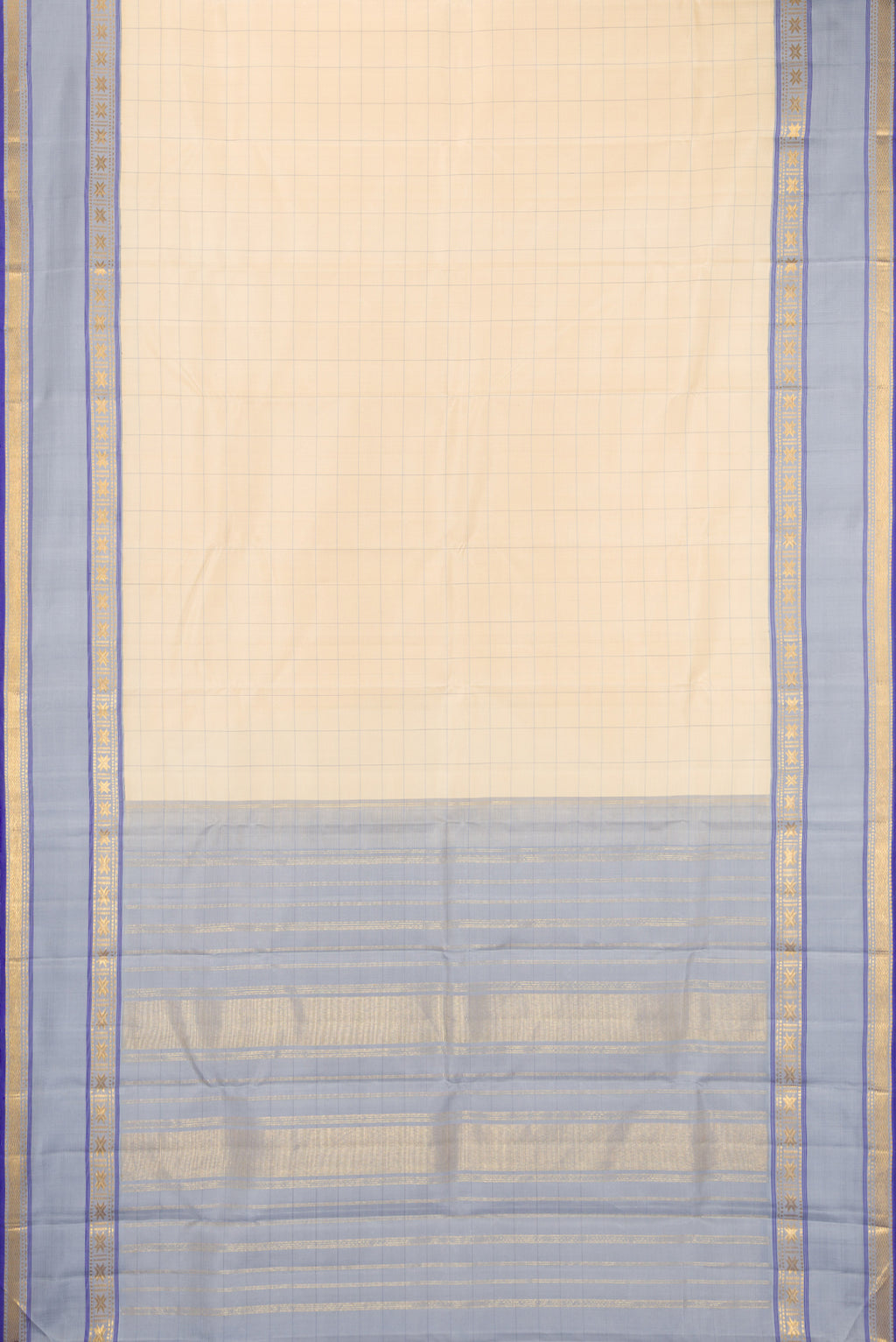 Flat view of Sandal Kanjivaram Silk Saree with Checked design on the body and Zari Border. 