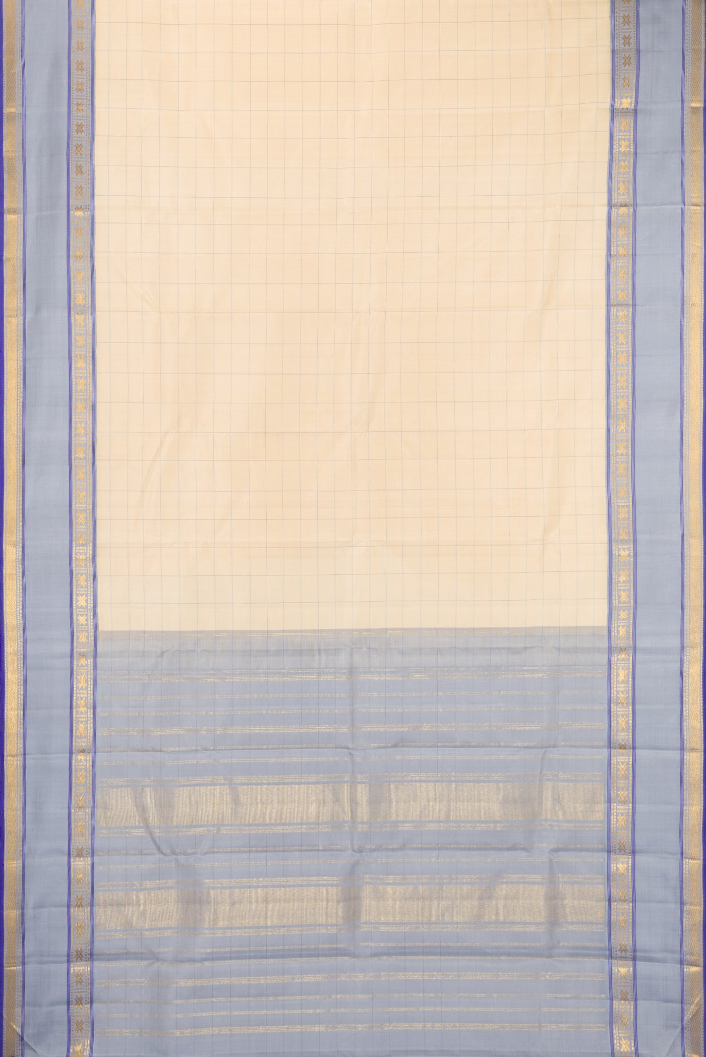 Flat view of Sandal Kanjivaram Silk Saree with Checked design on the body and Zari Border. 
