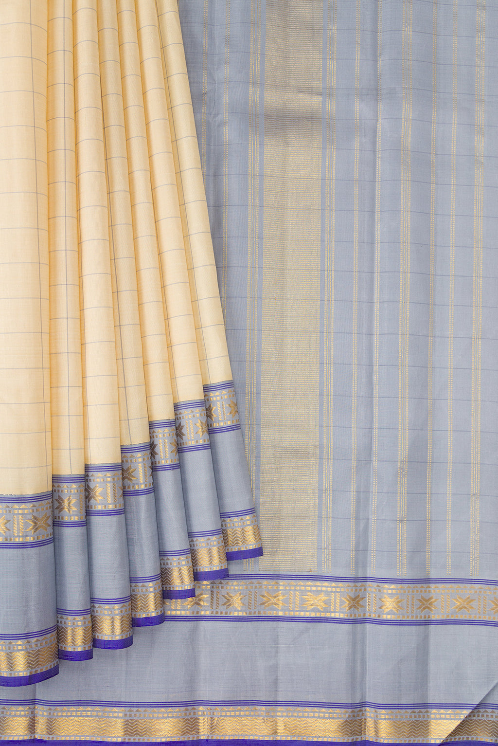 Pleats and pallu of Sandal Kanjivaram Silk Saree with Checked design on the body and Zari Border. 