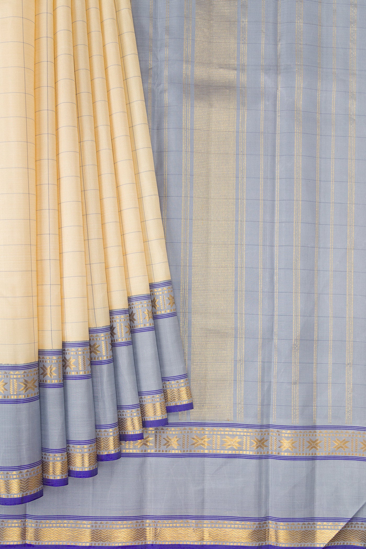 Pleats and pallu of Sandal Kanjivaram Silk Saree with Checked design on the body and Zari Border. 