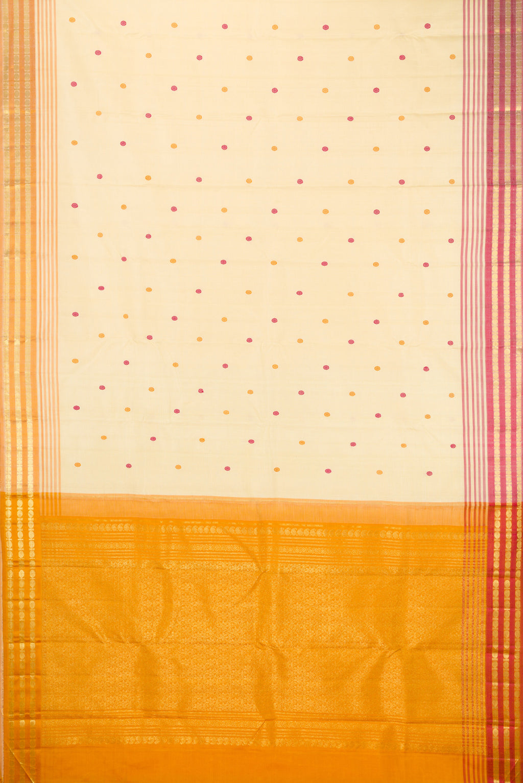 Flat view of Sandal Kanjivaram Silk Saree with Zari And Thread Butta on the body and Zari Border. 