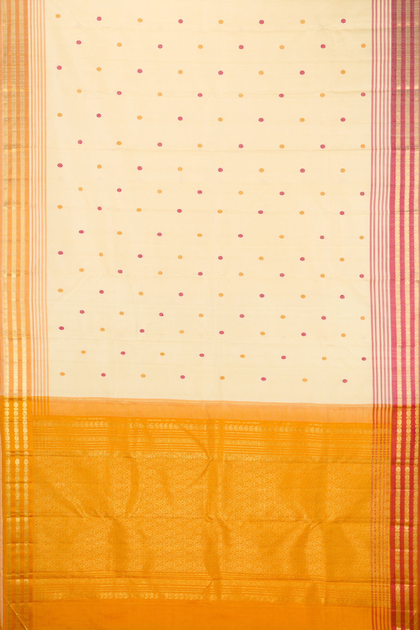 Flat view of Sandal Kanjivaram Silk Saree with Zari And Thread Butta on the body and Zari Border. 